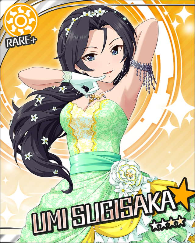 1girl armpits artist_request black_hair blue_eyes card_(medium) character_name dress earrings gloves green_gloves idolmaster idolmaster_cinderella_girls jewelry necklace official_art orange_background solo sparkle strapless strapless_dress sugisaka_umi sun_(symbol)