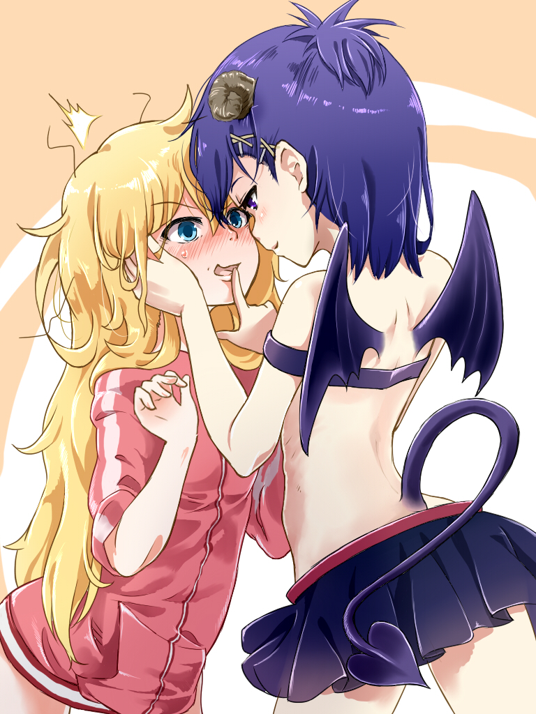 2girls aqua_eyes back bare_shoulders blonde_hair blue_eyes blue_hair blush demon_girl demon_horns demon_tail demon_wings finger_to_another's_mouth finger_to_mouth forehead-to-forehead frown gabriel_dropout hair_ornament hallelujah_essaim holding_face horns incipient_kiss incoming_kiss jacket long_hair messy_hair miniskirt multiple_girls open_mouth parted_lips profile sazanka short_hair skirt strapless tail tenma_gabriel_white track_jacket tsukinose_vignette_april tubetop wings x_hair_ornament yuri