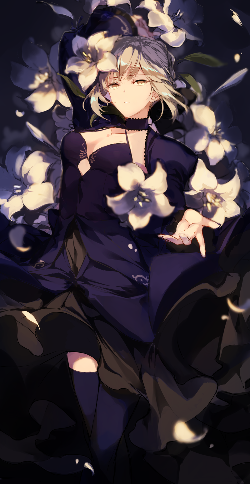 1girl arm_up black_dress black_ribbon blonde_hair blue_legwear breasts choker cleavage dress fate/grand_order fate_(series) fukuda935 hair_ribbon highres looking_at_viewer medium_breasts petals ribbon saber saber_alter short_hair_with_long_locks sidelocks sleeveless sleeveless_dress solo standing thigh-highs white_flower yellow_eyes