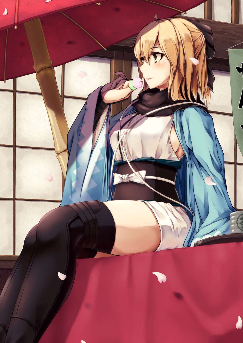 1girl ahoge banner black_bow black_legwear black_scarf blonde_hair blush bow breasts closed_mouth commentary_request cup dango enchuu fate_(series) food hair_between_eyes hair_bow half_updo highres holding holding_food jacket japanese_clothes kimono koha-ace legs_together long_sleeves looking_afar looking_away looking_to_the_side open_clothes open_jacket outdoors parasol petals red_umbrella sakura_saber sash scarf shinsengumi short_hair short_kimono sideboob sitting sliding_doors smile solo thigh-highs thighs tray umbrella wagashi white_kimono wide_sleeves yellow_eyes