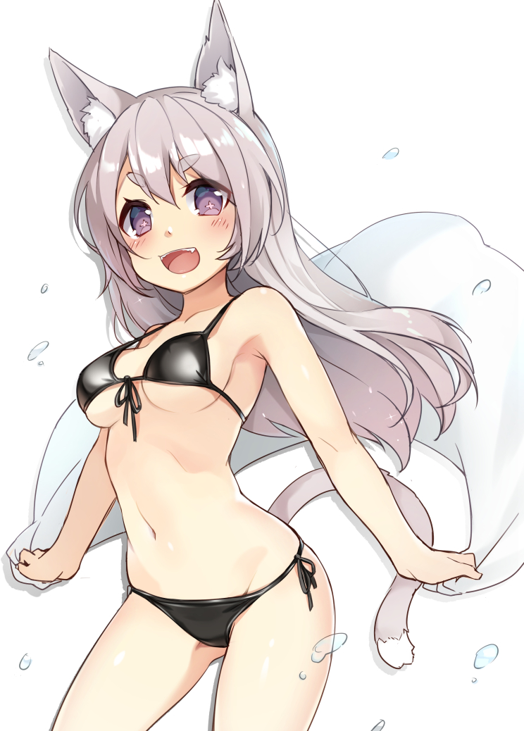+_+ 1girl 3.14 :d animal_ears bikini black_bikini breasts contrapposto cowboy_shot eyebrows_visible_through_hair front-tie_bikini front-tie_top gluteal_fold grey_hair long_hair looking_at_viewer open_mouth original side-tie_bikini simple_background sketch smile solo strap_gap swimsuit symbol-shaped_pupils tail towel under_boob violet_eyes white_background