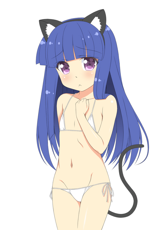 1girl :&lt; animal_ears bangs bikini blue_hair blunt_bangs blush cat_ears cat_tail fake_animal_ears flat_chest furude_rika gaou hand_on_own_chest higurashi_no_naku_koro_ni long_hair looking_at_viewer navel side-tie_bikini solo swimsuit tail violet_eyes white_background white_bikini