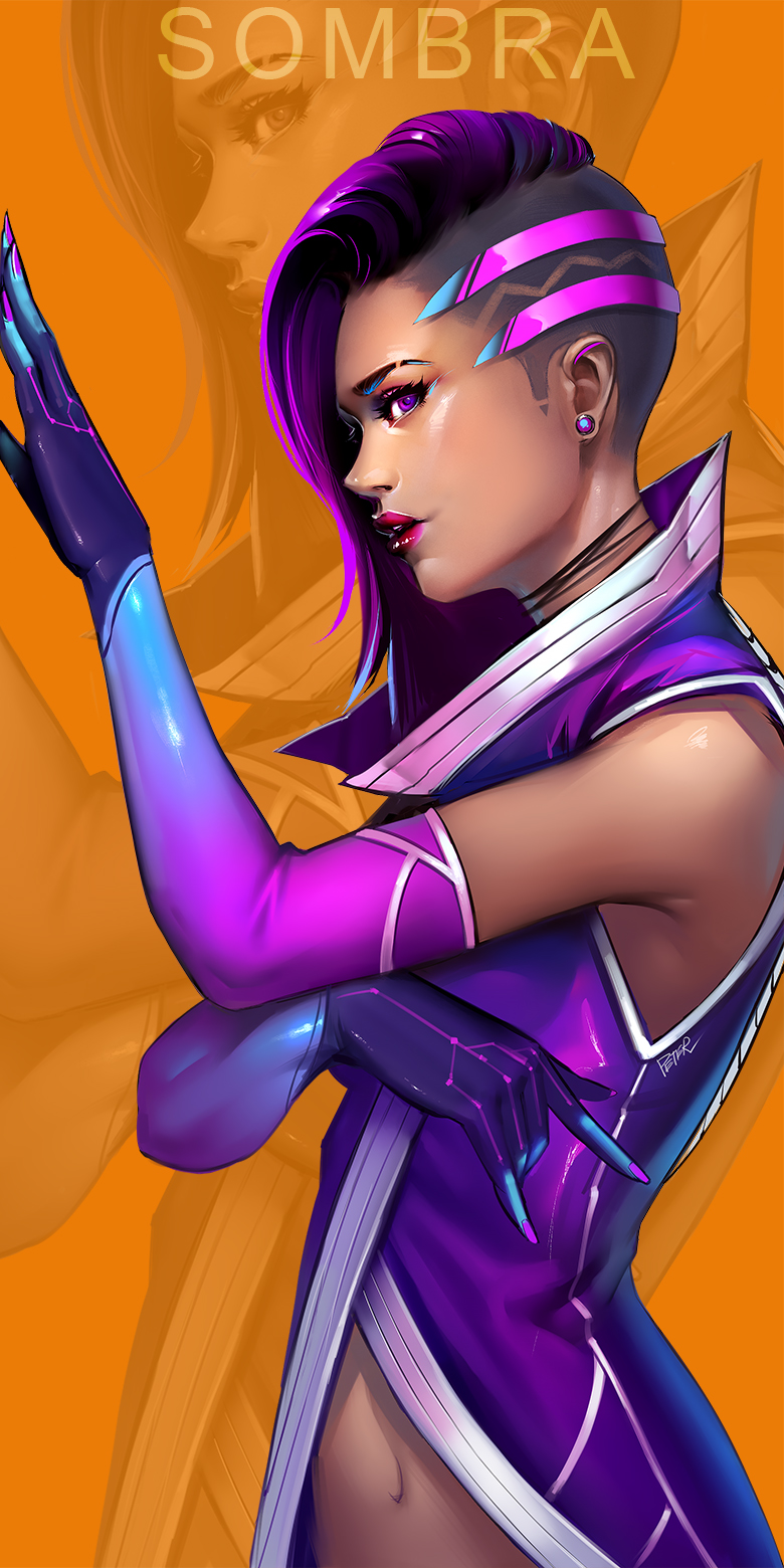 1girl \m/ artist_name asymmetrical_hair dark_skin earrings elbow_gloves from_side gloves high_collar highres jewelry lips lipstick long_hair looking_at_viewer looking_to_the_side makeup multicolored_hair navel no_mole overwatch peter_xiao profile purple_hair purple_lipstick solo sombra_(overwatch) two-tone_hair undercut upper_body violet_eyes zoom_layer