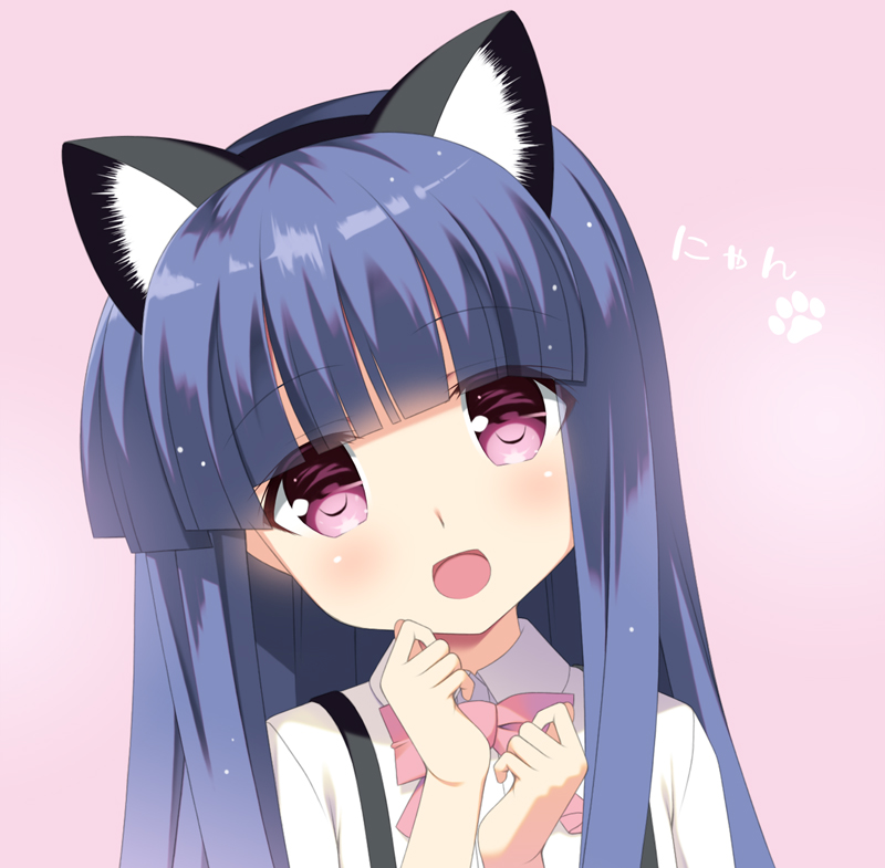 1girl :d animal_ears bangs blue_hair blunt_bangs blush bow cat_ears fake_animal_ears furude_rika gaou higurashi_no_naku_koro_ni long_hair looking_at_viewer open_mouth paw_print pink_background pink_bow smile solo upper_body violet_eyes