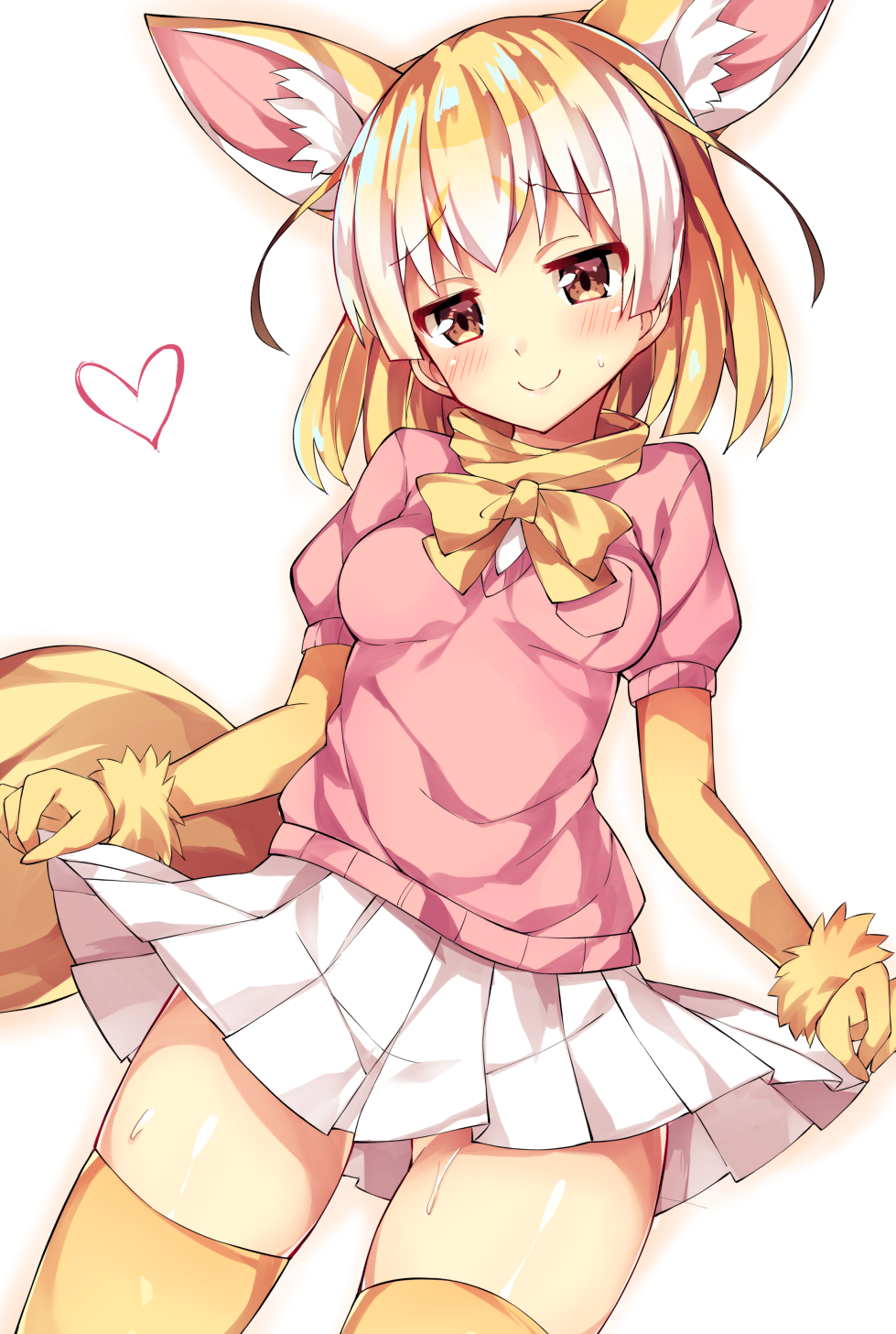 1girl animal_ears blonde_hair blush brown_eyes elbow_gloves eyebrows_visible_through_hair fennec_(kemono_friends) fox_ears fox_tail gloves heart highres kemono_friends long_hair looking_at_viewer multicolored_hair neck_ribbon pink_sweater pleated_skirt ribbon shiny shiny_skin simple_background skirt skirt_hold smile solo standing sweat sweater tail thigh-highs unacchi_(nyusankin) white_background white_hair white_skirt yellow_gloves yellow_legwear yellow_ribbon zettai_ryouiki