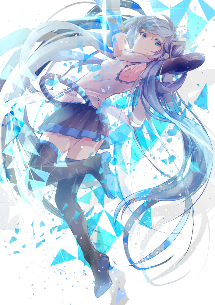 1girl arm_behind_head arm_up armpits black_boots black_skirt blue_eyes blue_hair boots detached_sleeves floating_hair hatsune_miku hoshima long_hair looking_at_viewer miniskirt pleated_skirt shirt simple_background skirt sleeveless sleeveless_shirt smile solo thigh-highs thigh_boots twintails very_long_hair vocaloid white_background white_shirt zettai_ryouiki