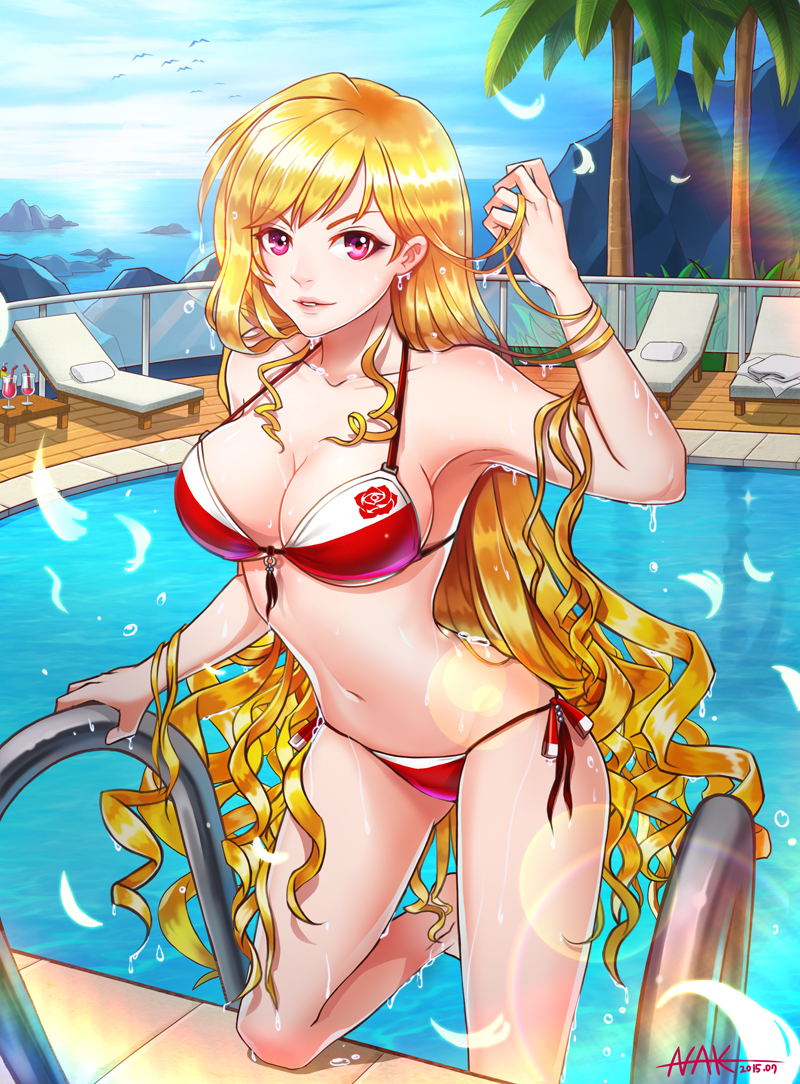 1girl adjusting_hair bikini blonde_hair breasts cinia_pacifica cleavage day drill_hair large_breasts lens_flare long_hair looking_at_viewer nak166 navel ocean one_knee outdoors parted_lips petals pink_eyes pool pool_ladder poolside red_bikini side-tie_bikini solo swimsuit sword_girls very_long_hair water wet