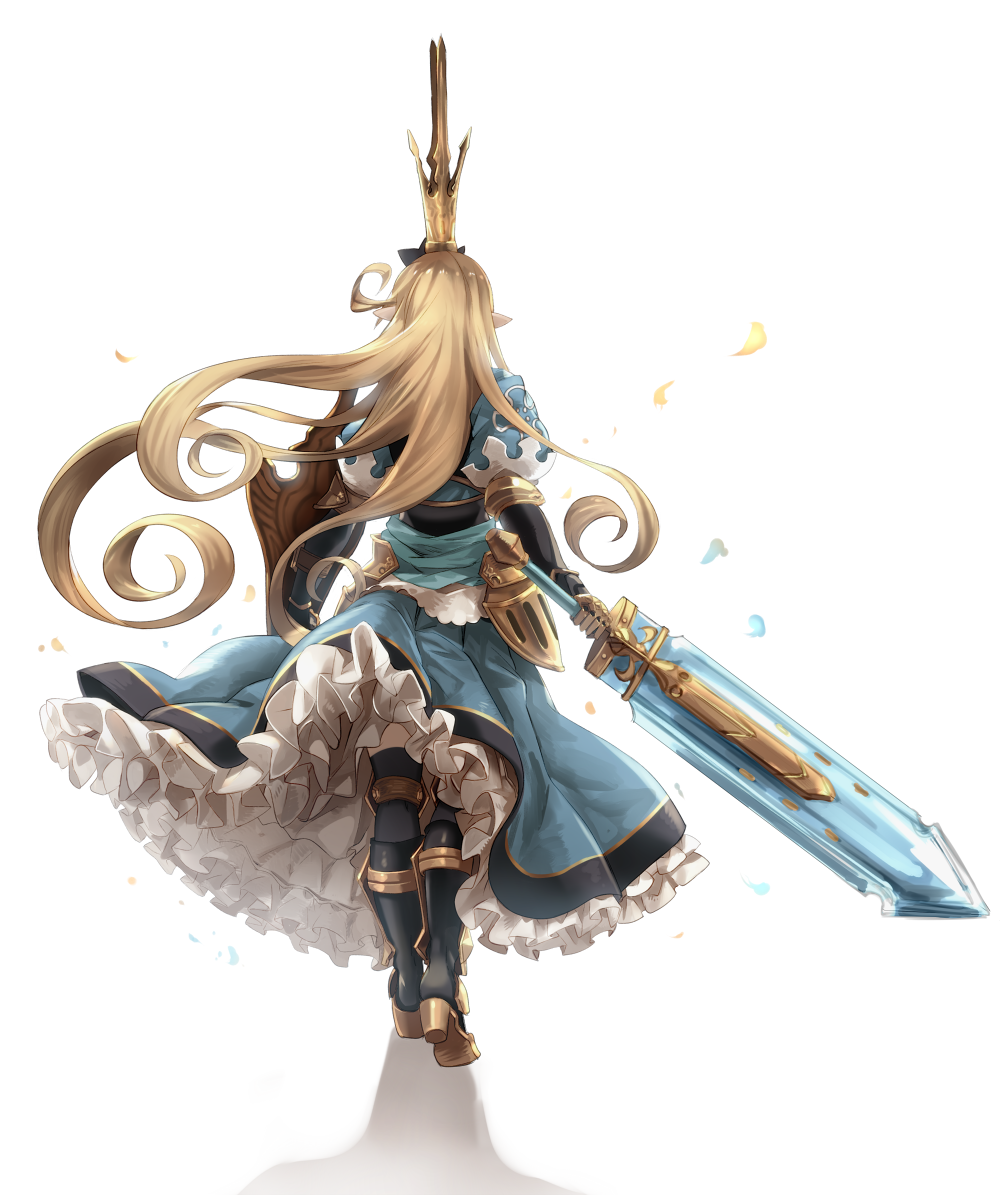 1girl armor armored_boots blonde_hair blue_dress boots charlotta_(granblue_fantasy) crown dress from_behind gauntlets granblue_fantasy harbin high_heels holding holding_sword holding_weapon i-la long_hair petals petticoat pointy_ears puffy_sleeves shadow shield solo sword very_long_hair walking weapon white_background