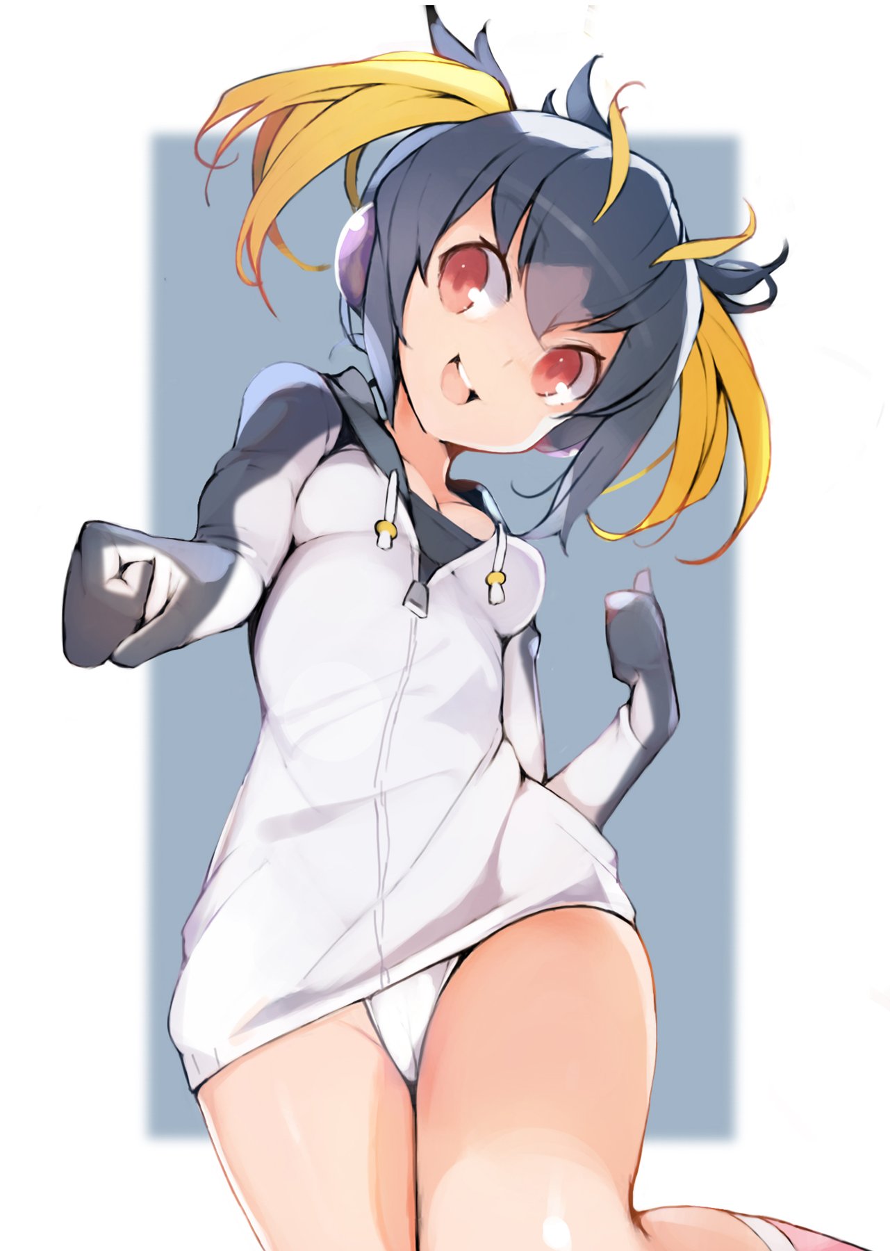 1girl :d ataruman black_hair blonde_hair breasts commentary_request drawstring headphones highres hood hooded_jacket jacket kemono_friends long_sleeves looking_at_viewer looking_down medium_breasts multicolored_hair open_mouth red_eyes rockhopper_penguin_(kemono_friends) short_hair smile solo thighs twintails