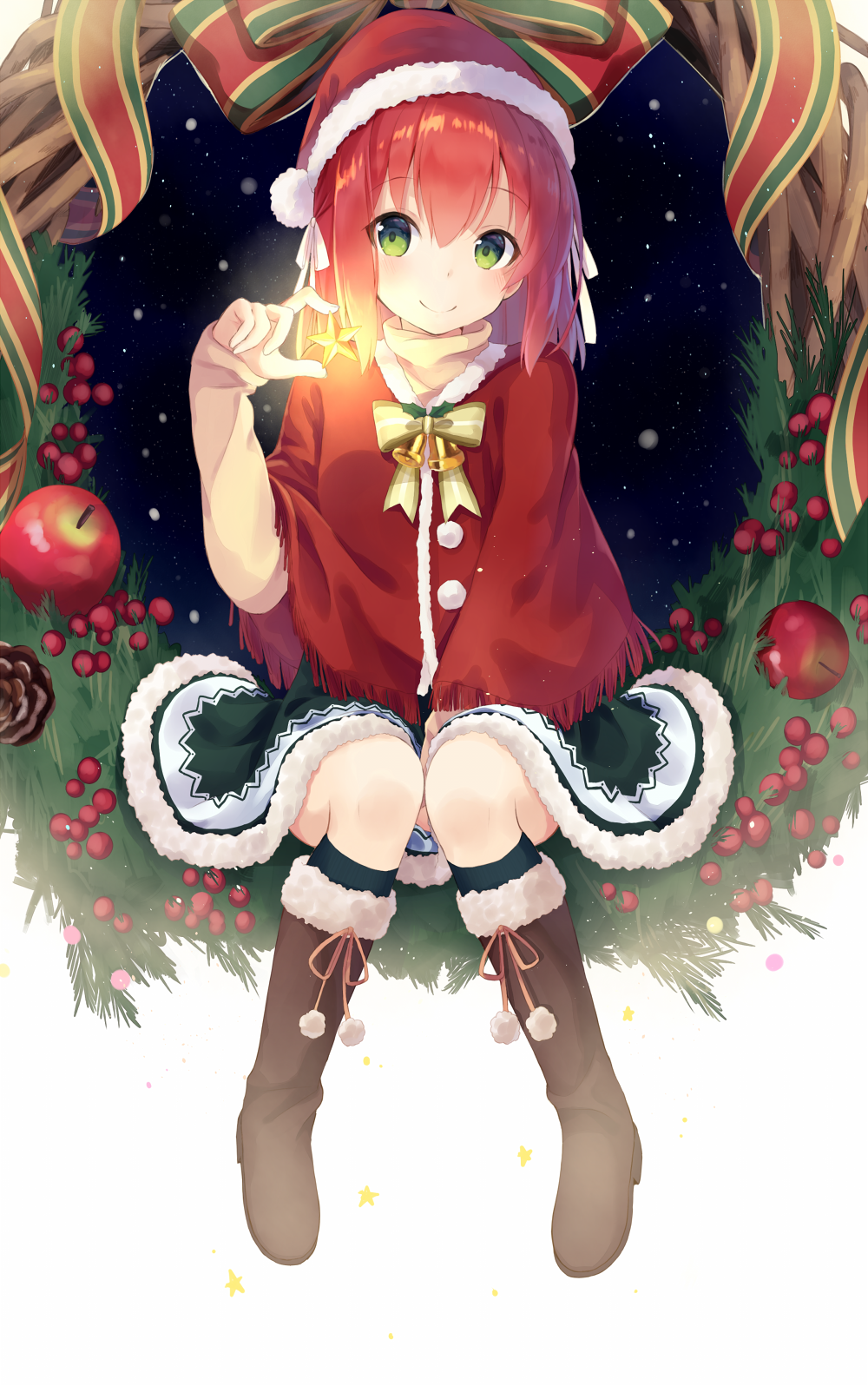 1girl between_legs black_legwear boots bow bowtie brown_boots christmas eyebrows_visible_through_hair full_body green_eyes green_skirt hair_between_eyes hair_ribbon hand_between_legs hat highres holding kneehighs long_hair looking_at_viewer nonono original red_hat red_ribbon redhead ribbon santa_boots santa_hat simple_background sitting skirt smile solo white_background yellow_bow yellow_bowtie