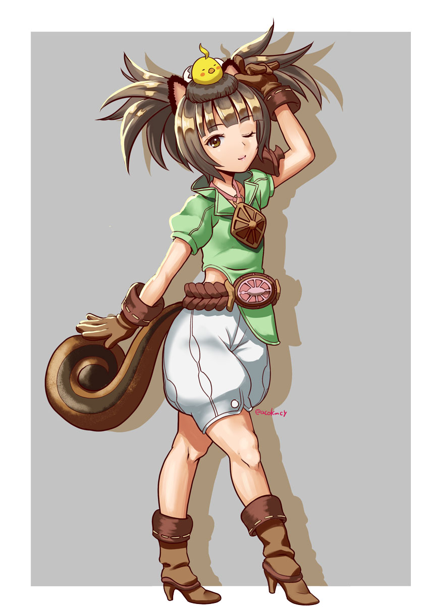 1girl animal_ears arm_up belt boots brown_eyes brown_hair dog_ears elin_(tera) gloves green_shirt hand_on_own_head high_heels highres kumehara_chiyota one_eye_closed shirt short_hair shorts smile solo tail tera_online twintails white_shorts