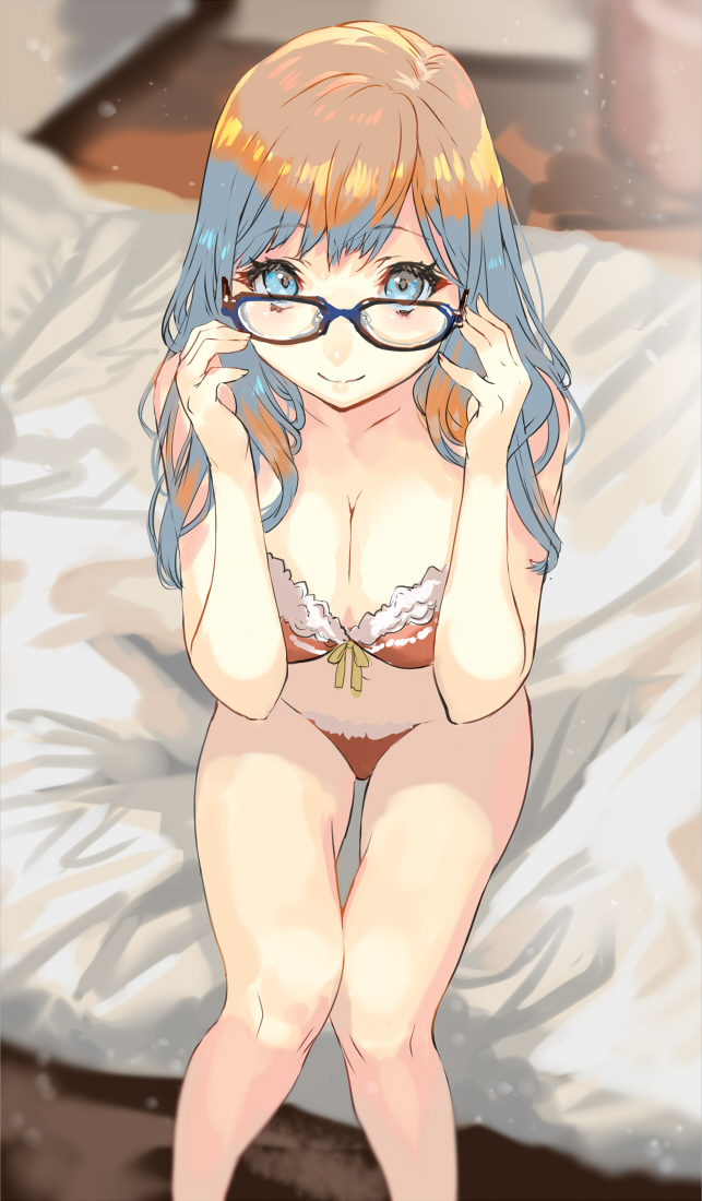 1girl adjusting_glasses bangs bed blue-framed_eyewear blue_eyes blue_hair blush bow bow_bra bra breasts brown_bra brown_hair brown_panties cleavage closed_mouth eyebrows_visible_through_hair eyelashes futon glasses hands_up indoors knees_together_feet_apart lace lace-trimmed_bra long_hair looking_at_viewer medium_breasts multicolored_hair original panties ran'ou_(tamago_no_kimi) shiny shiny_hair sitting smile solo thigh_gap thighs two-tone_hair underwear underwear_only