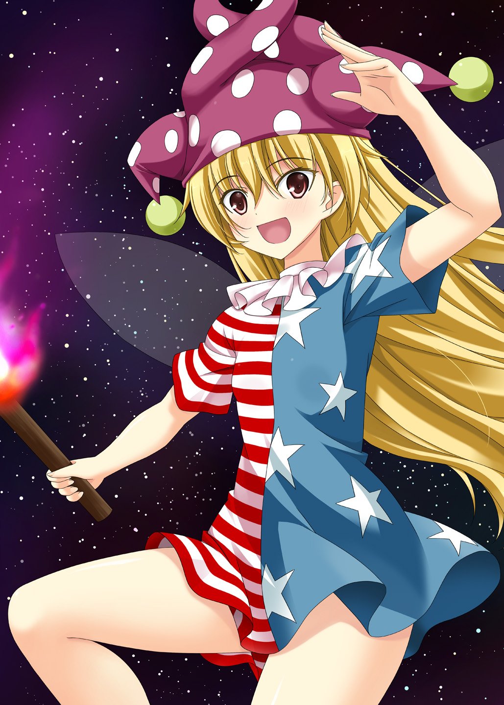 1girl american_flag_dress blonde_hair clownpiece dress fairy_wings fire hat highres jester_cap long_hair neck_ruff no_pants open_mouth polka_dot rappa_(rappaya) red_eyes short_dress short_sleeves sky smile solo star star_(sky) star_print starry_sky striped torch touhou very_long_hair wings