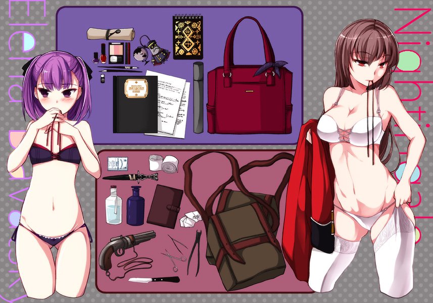 2girls bag blush bra breasts brown_hair cleavage clothes_removed dagger fate/grand_order fate_(series) flat_chest florence_nightingale_(fate/grand_order) gun hair_ribbon handbag handgun helena_blavatsky_(fate/grand_order) lace lace-trimmed_bra lace-trimmed_panties lace-trimmed_thighhighs lingerie long_hair looking_at_viewer looking_away medium_breasts mouth_hold multiple_girls navel notebook panties pepper_box_revolver pistol purple_bra purple_hair purple_panties red_eyes ribbon ribbon_in_mouth shoulder_bag side-tie_panties teramoto_kaoru text thigh-highs underwear underwear_only violet_eyes weapon white_bra white_panties