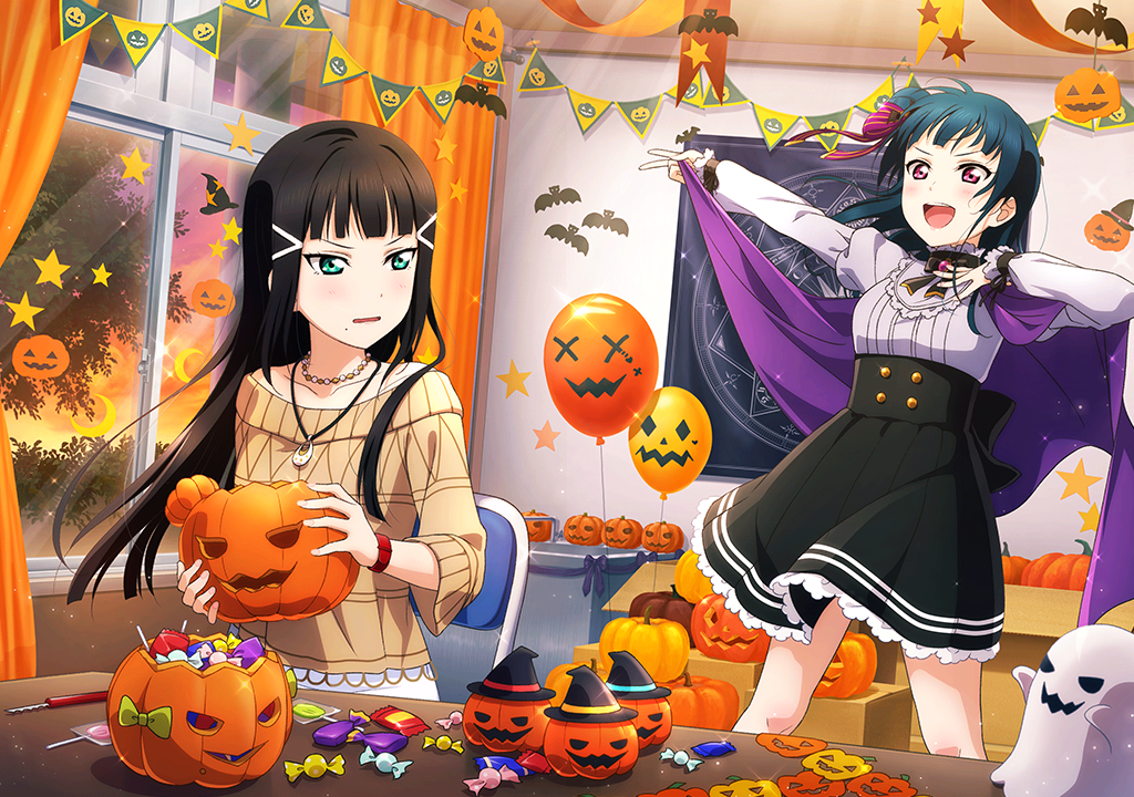 2girls annoyed artist_request balloon bangs black_hair blue_hair blunt_bangs blush box candy cardboard_box chair collarbone curtains food ghost green_eyes hair_bun halloween hat holding indoors jack-o'-lantern jewelry kurosawa_dia lolita_fashion long_hair looking_at_another love_live! love_live!_school_idol_festival love_live!_sunshine!! mole mole_under_mouth multiple_girls necklace off_shoulder official_art open_mouth pendant puffy_sleeves pumpkin side_bun skirt smile sunset table tree tsushima_yoshiko violet_eyes window witch_hat