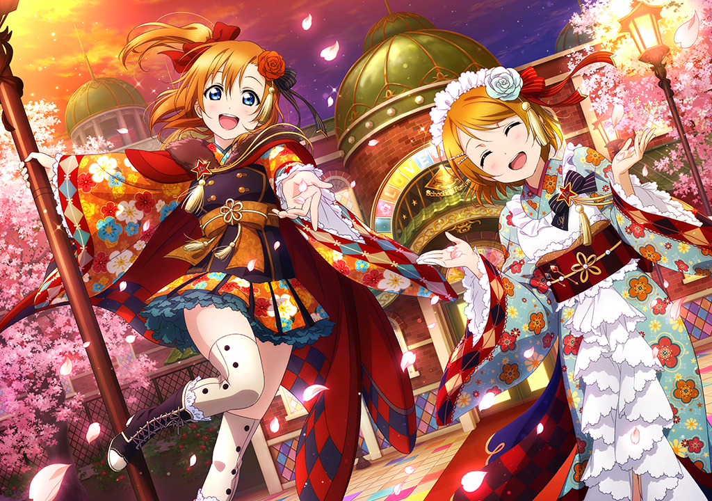 2girls artist_request boots bow cape cherry_blossoms closed_eyes floral_print flower frills hair_bow hair_flower hair_ornament holding japanese_clothes koizumi_hanayo kousaka_honoka lamppost light_brown_hair long_sleeves looking_at_viewer love_live! love_live!_school_idol_festival multiple_girls official_art open_mouth outstretched_arm petals pleated_skirt rose skirt smile sunset thigh-highs zettai_ryouiki