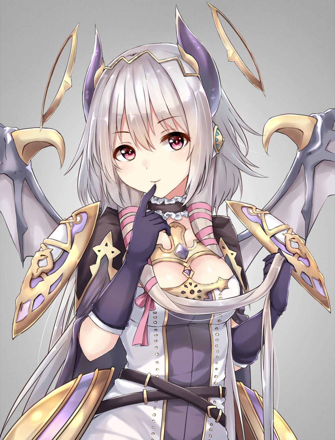 1girl black_gloves blush breasts dragon_girl dragon_horns dragon_wings elbow_gloves eyebrows_visible_through_hair finger_to_mouth gloves highres horns index_finger_raised large_breasts long_hair looking_at_viewer ney_(p&amp;d) pink_eyes puzzle_&amp;_dragons silver_hair smile solo upper_body very_long_hair wings ym_(distance819)