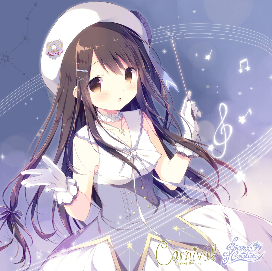 1girl black_hair blue_bow blush bow breasts brown_eyes choker collarbone dress gloves hair_bow hair_ornament hairclip hat jewelry long_hair looking_at_viewer medium_breasts musical_note necklace open_mouth original shiratama_(shiratamaco) sleeveless sleeveless_dress solo standing star_necklace very_long_hair white_gloves white_hat