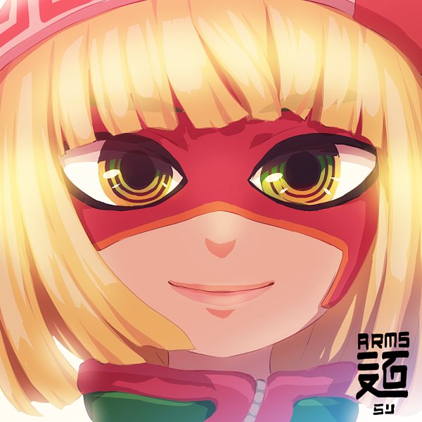 1girl arms_(game) bangs beanie blonde_hair chinese_clothes green_eyes hat looking_at_viewer mask min_min_(arms) short_hair smile solo