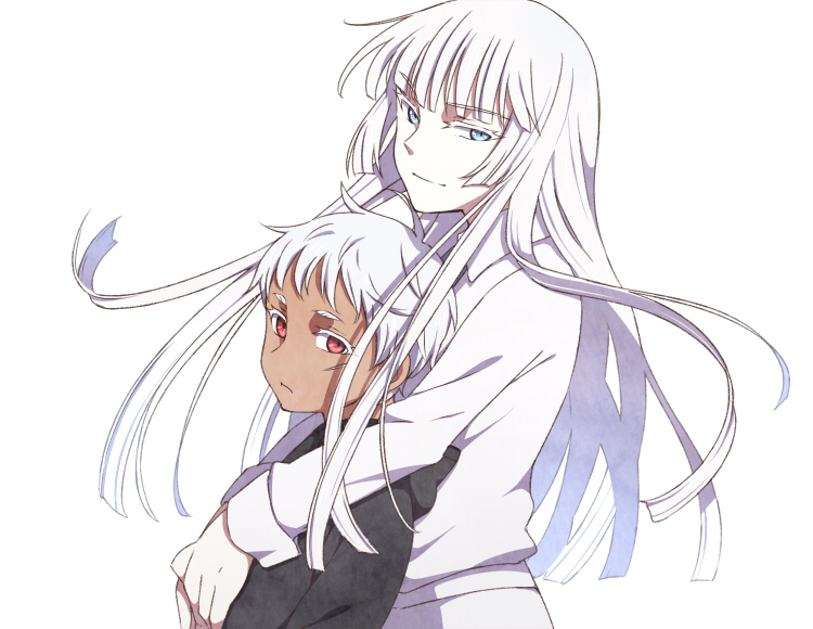 1boy 1girl artist_request blue_eyes dark_skin hug johnathan_mar jormungand koko_hekmatyar red_eyes short_hair white_hair