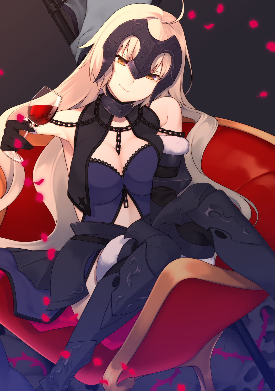 1girl ahoge armor armored_boots black_gloves blonde_hair boots breasts brown_eyes cleavage elbow_gloves fate/grand_order fate_(series) gloves head_tilt highres holding_glass jeanne_alter lio_(rumei2265874644) long_hair looking_at_viewer medium_breasts midriff petals ruler_(fate/apocrypha) sitting smile solo very_long_hair