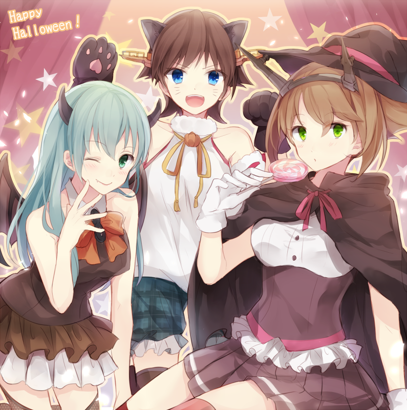 &gt;:d 3girls :d ;) animal_ears aqua_hair blue_eyes brown_hair candy cape cat_ears cat_paws demon_horns demon_wings fang_out food frilled_skirt frills gloves green_eyes halloween happy_halloween hat hiei_(kantai_collection) hiiragi_souren horns kantai_collection lollipop long_hair multiple_girls mutsu_(kantai_collection) one_eye_closed open_mouth paw_gloves paws plaid plaid_skirt short_hair skirt smile suzuya_(kantai_collection) thigh-highs wings witch_hat zettai_ryouiki