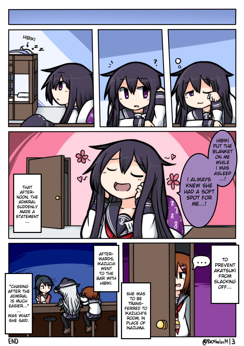 ... 4girls ? akatsuki_(kantai_collection) bed black_hair blank_eyes blanket brown_hair bunk_bed closed_eyes comic cup drinking_glass english flat_cap flying_sweatdrops hair_ornament hairclip hat hibiki_(kantai_collection) highres houshou_(kantai_collection) ikazuchi_(kantai_collection) japanese_clothes kantai_collection long_hair multiple_girls neckerchief one_eye_closed pantyhose pleated_skirt ponytail raythalosm school_uniform serafuku shoes short_hair silver_hair sitting skirt sleeping spoken_ellipsis tasuki twitter_username violet_eyes waking_up wavy_mouth zzz