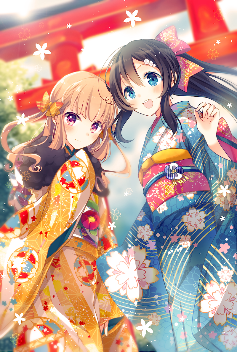 2girls :d black_hair blue_eyes blue_kimono blush bow brown_hair day floating_hair furisode goma_(11zihisin) hair_between_eyes hair_bow japanese_clothes kimono looking_at_viewer multiple_girls new_year obi open_mouth original outdoors ponytail red_bow red_eyes sash smile standing torii violet_eyes yellow_bow yukata