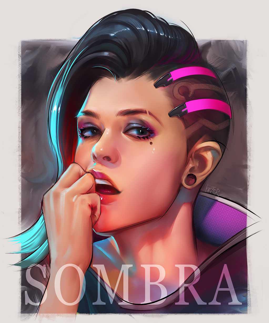 1girl artist_name asymmetrical_hair black_eyes chinese commentary_request eyeshadow hand_on_own_face high_collar highres lips long_hair looking_at_viewer makeup mole mole_under_eye open_mouth overwatch peter_xiao simple_background solo sombra_(overwatch) stretched_earlobes undercut upper_body
