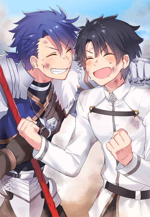 2boys black_hair blood blue_hair clenched_hand closed_eyes fate/grand_order fate/prototype fate_(series) fujimaru_ritsuka_(male) grin juugonichi_(wheeliex2) lancer_(fate/prototype) long_hair male_focus multiple_boys open_mouth polearm ponytail scrape smile spear sweat uniform upper_body weapon
