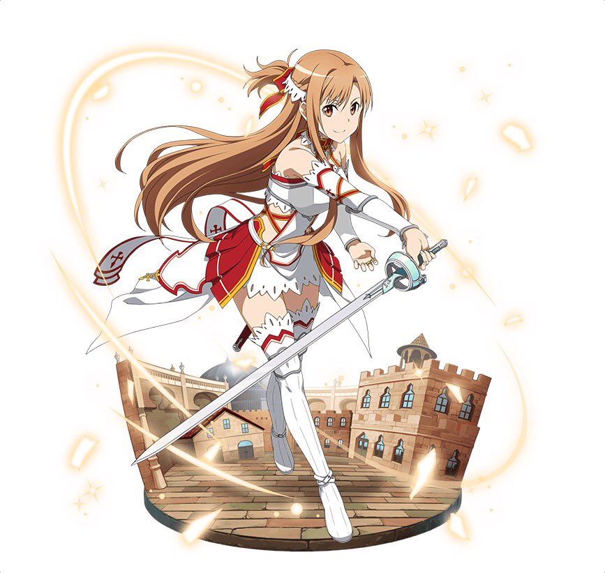 1girl asuna_(sao) boots brown_eyes brown_hair detached_sleeves floating_hair full_body hair_ornament holding holding_sword holding_weapon long_hair looking_at_viewer miniskirt one_side_up sheath simple_background skirt smile solo standing sword sword_art_online thigh-highs thigh_boots very_long_hair weapon white_background white_boots white_skirt