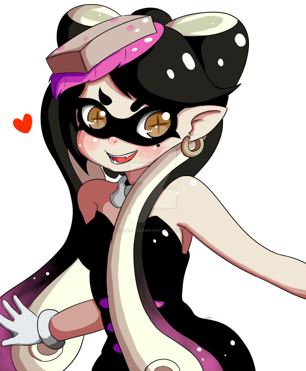 +_+ 1girl :d aori_(splatoon) armpit_peek bare_shoulders black_hair breasts brown_eyes choker domino_mask dress earrings eyebrows_visible_through_hair fangs food food_on_head gloves gradient_hair grey_background hair_ornament heart highres hoop_earrings jewelry jumpsuit long_hair looking_at_viewer lunaticlann mask mole mole_under_eye multicolored_hair object_on_head open_mouth outstretched_arms pointy_ears sharp_teeth shiny shiny_hair short_eyebrows smile solo splatoon strapless strapless_dress sushi teeth thick_eyebrows transparent_background upper_body very_long_hair white_gloves