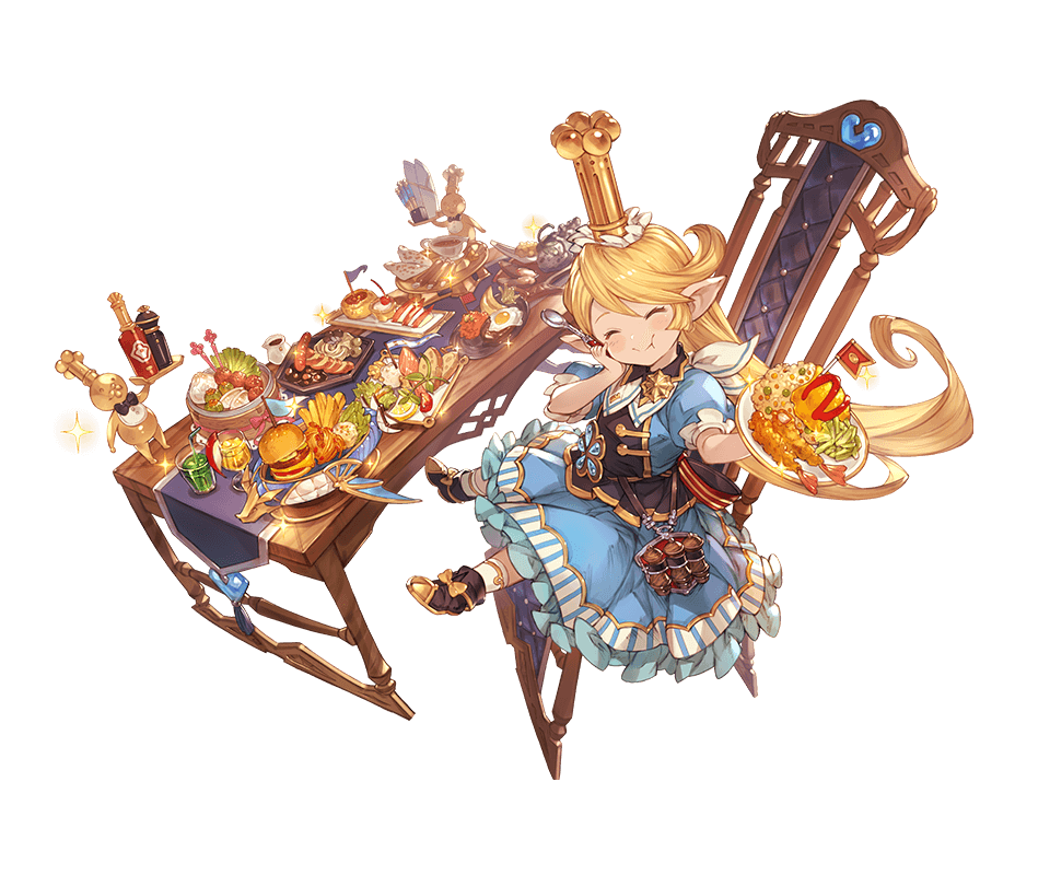 1girl :t ^_^ black_bow black_bowtie blonde_hair blue_dress blush bottle bow bowtie chair charlotta_(granblue_fantasy) cherry closed_eyes crown cup dish dress drink drinking_glass drinking_straw eating egg facing_viewer food from_above from_side fruit full_body glint gold granblue_fantasy hamburger hand_on_own_cheek harbin hat head_tilt long_hair minaba_hideo official_art omurice pasta plate pointy_ears puffy_short_sleeves puffy_sleeves rice shoes short_sleeves shrimp sitting socks solo sparkle spoon table very_long_hair white_legwear