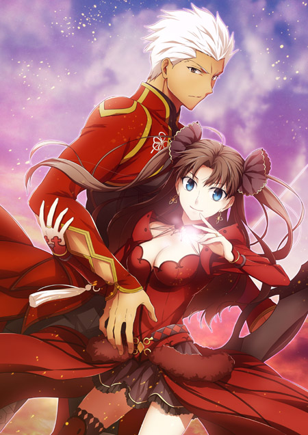 1boy 1girl archer black_hair black_legwear black_skirt blue_eyes bow_(weapon) breasts brown_eyes cleavage craft_essence dress earrings fate/grand_order fate_(series) floating_hair formalcraft holding holding_weapon jewelry long_hair looking_at_viewer medium_breasts nina_(pastime) outdoors red_dress ring short_dress skirt sky smile spiky_hair standing thigh-highs very_long_hair weapon white_hair zettai_ryouiki