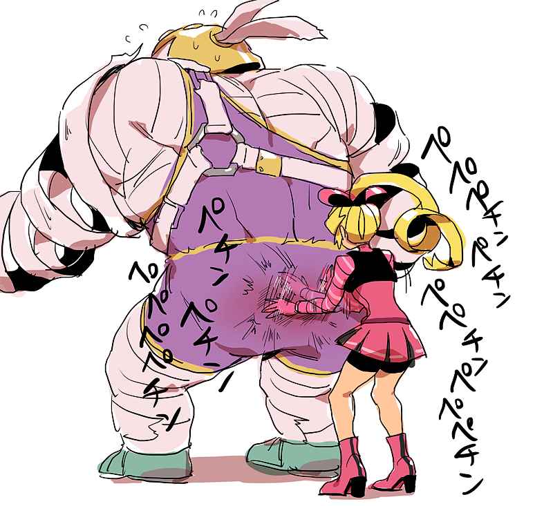 1boy 1girl arms_(game) ass bandage bike_shorts blonde_hair boots bow flying_sweatdrops from_behind full_body hair_bow high_heels master_mummy_(arms) pleated_skirt ribbon_girl_(arms) simple_background size_difference skirt spanking sunoko24 white_background wrestling_outfit