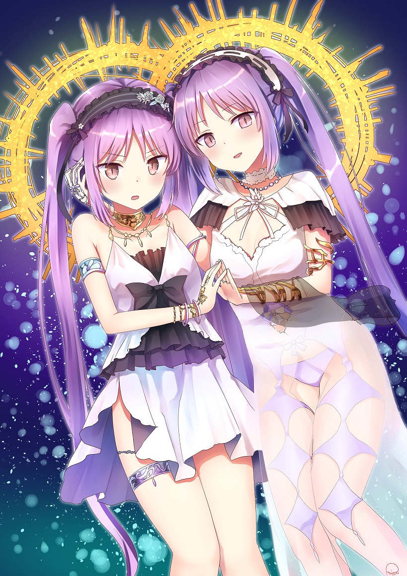 2girls armlet breasts brown_eyes choker cleavage collarbone dress dutch_angle euryale eyebrows_visible_through_hair fate/grand_order fate/hollow_ataraxia fate_(series) hairband jewelry lolita_hairband long_hair looking_at_viewer multiple_girls necklace open_mouth panties piripun purple_hair purple_panties see-through short_dress siblings sisters sleeveless sleeveless_dress small_breasts standing stheno thigh_strap twintails underwear violet_eyes white_dress