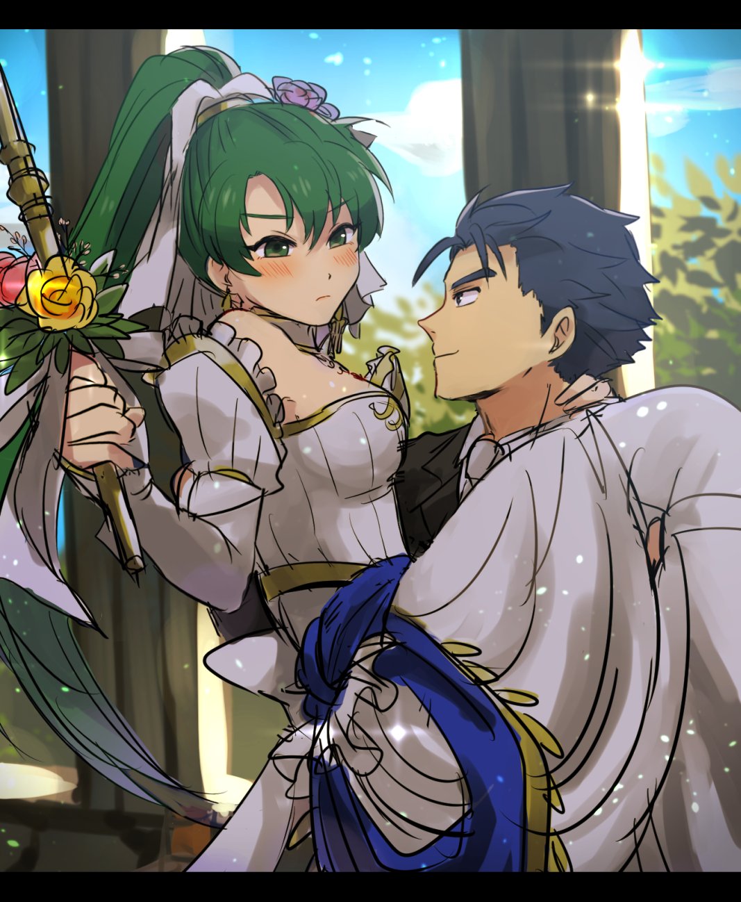 1boy 1girl armor bare_shoulders blue_eyes blue_hair blush bouquet breasts bridal_veil bride cape carrying choker closed_mouth couple day detached_sleeves dress eye_contact fire_emblem fire_emblem:_rekka_no_ken fire_emblem_heroes flower formal green_eyes green_hair hector hector_(fire_emblem) hetero high_ponytail highres husband_and_wife indoors kometubu0712 long_hair looking_at_another lyndis_(fire_emblem) medium_breasts neck nintendo pink_flower ponytail princess_carry short_hair shy sky smile suit veil very_long_hair wedding wedding_dress white_choker white_detached_sleeves white_dress yellow_flower