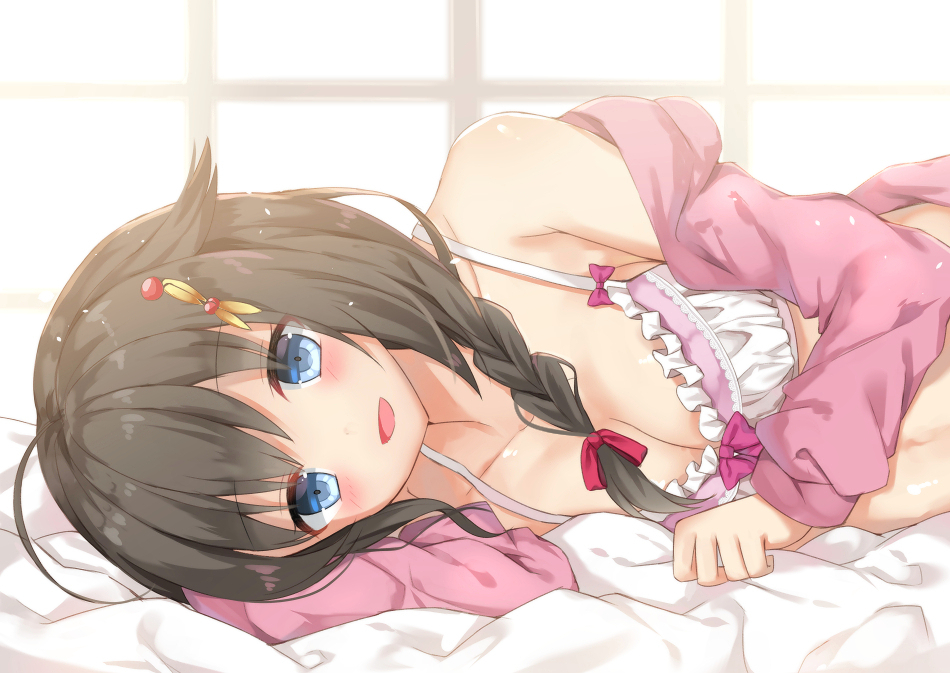 1girl :d ahoge arm_up bangs bare_shoulders bed_sheet blush bow bra braid breasts cleavage close-up collarbone commentary_request erika_(ym0311) eyebrows_visible_through_hair hair_flaps hair_ornament hair_ribbon hairpin indoors kantai_collection long_hair long_sleeves looking_at_viewer lying medium_breasts off_shoulder on_bed on_side open_clothes open_mouth open_shirt pink_bow pink_shirt red_ribbon remodel_(kantai_collection) ribbon shigure_(kantai_collection) shiny shiny_skin shirt single_braid smile solo tareme underwear upper_body white_bra