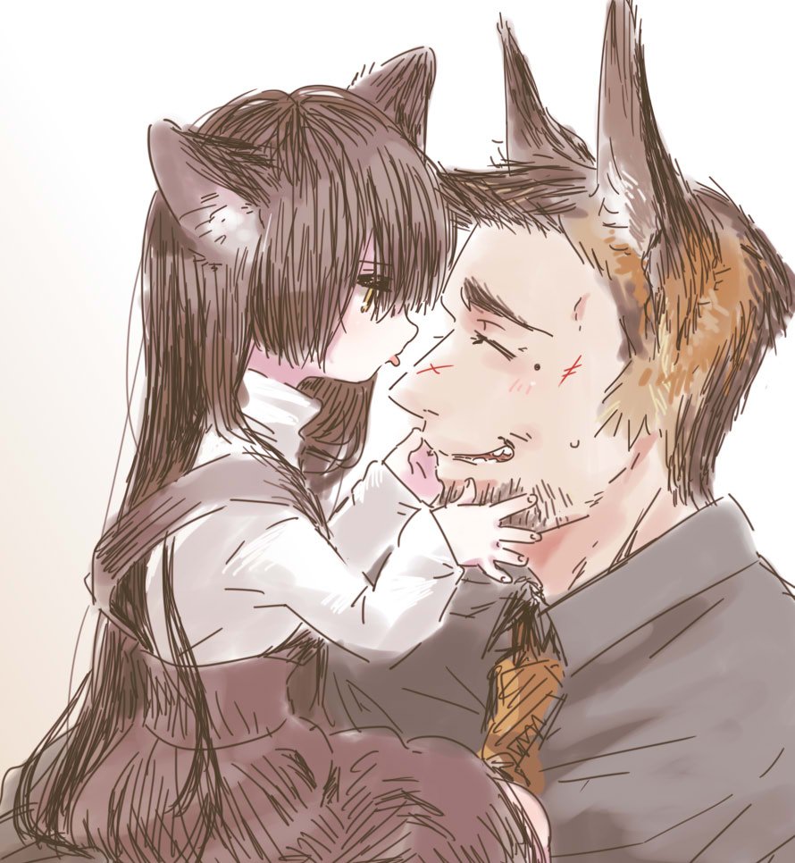 1boy 1girl :p ^_^ age_difference animal_ears black_shirt blush brown_hair brown_necktie brown_skirt cat_ears cat_girl chabi_(amedama) child closed_eyes collared_shirt dog_ears eyebrows facial_hair facial_scar facing_another fingernails from_side hands_on_another's_face holding jitome light_brown_hair long_hair long_sleeves looking_at_another mole mole_under_eye multicolored_hair necktie nose nostrils open_mouth original profile scar shirt sitting sketch skirt smile stubble suspender_skirt suspenders sweat teeth thick_eyebrows tongue tongue_out turtleneck two-tone_background upper_body very_long_hair white_background white_shirt wing_collar yellow_eyes |d