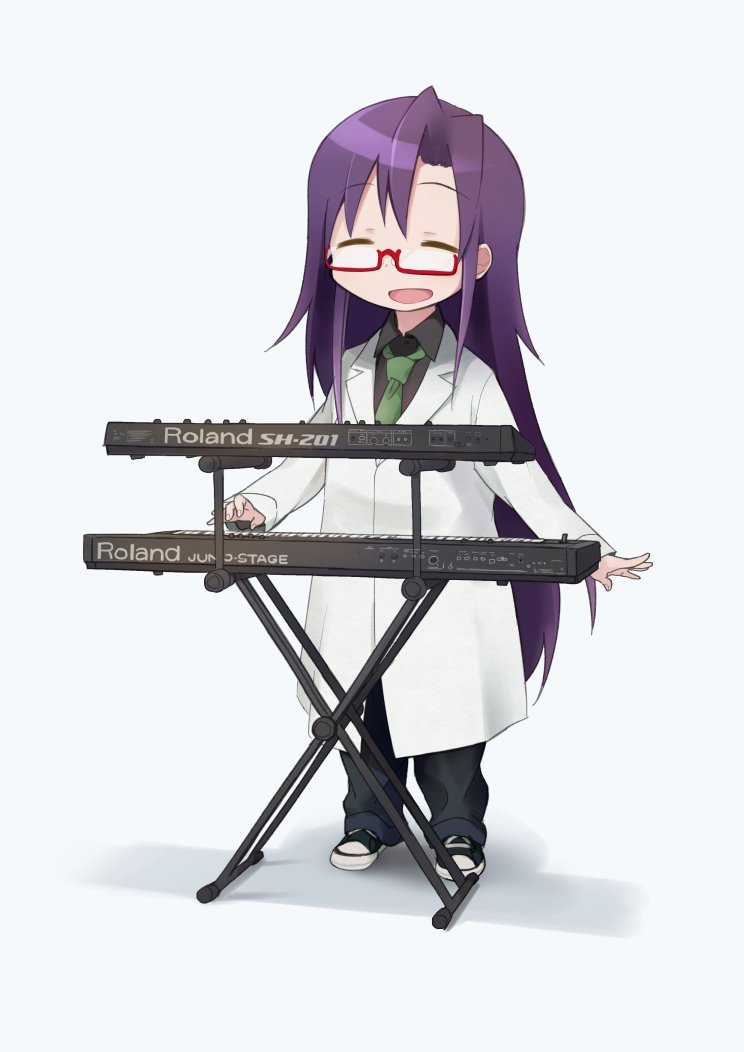 1girl blush converse eyebrows_visible_through_hair glasses goshiki_agiri green_necktie instrument keyboard_(instrument) kill_me_baby labcoat long_hair looking_at_viewer necktie okayparium open_mouth purple_hair shoes smile sneakers solo