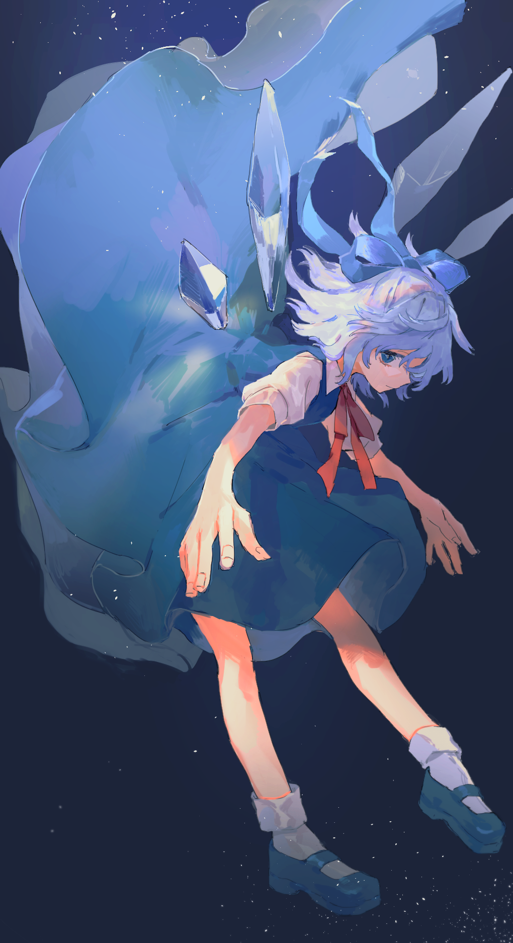 1girl blue_dress blue_eyes blue_hair cirno dark_background dress hair_ribbon highres ice ice_wings isshin_(kaxz) one_eye_closed ribbon short_hair short_sleeves signature solo touhou wings