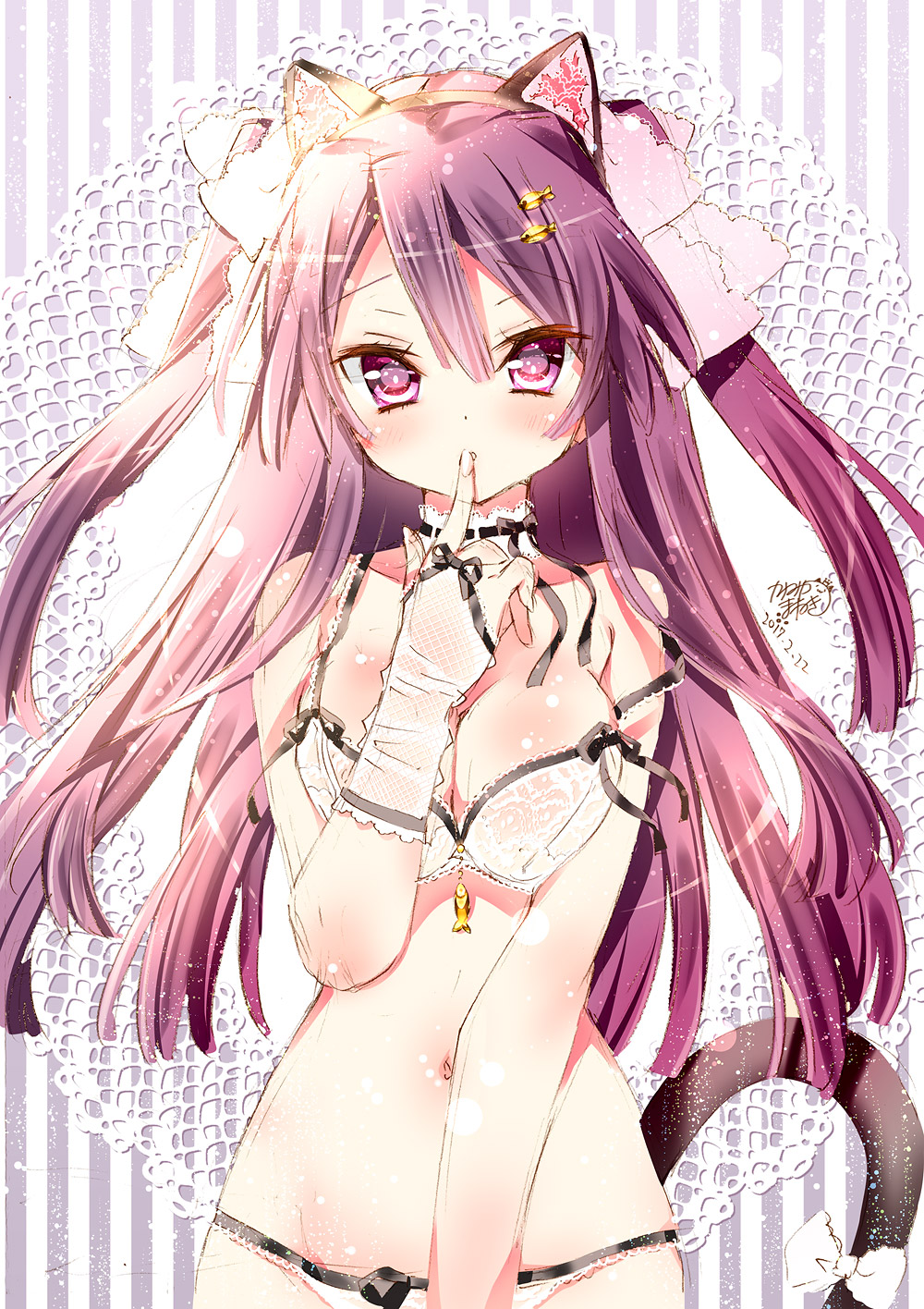 1girl animal_ears black_hairband black_ribbon bow bra breasts bridal_gauntlets cat_ears cat_tail choker cleavage eyebrows_visible_through_hair fake_animal_ears finger_to_mouth groin hair_bow hair_ornament hairband highres index_finger_raised kamiya_maneki long_hair looking_at_viewer medium_breasts navel off_shoulder original panties purple_hair ribbon shiny shiny_skin signature solo standing striped striped_background tail tail_bow underwear underwear_only very_long_hair violet_eyes white_bow white_bra white_panties