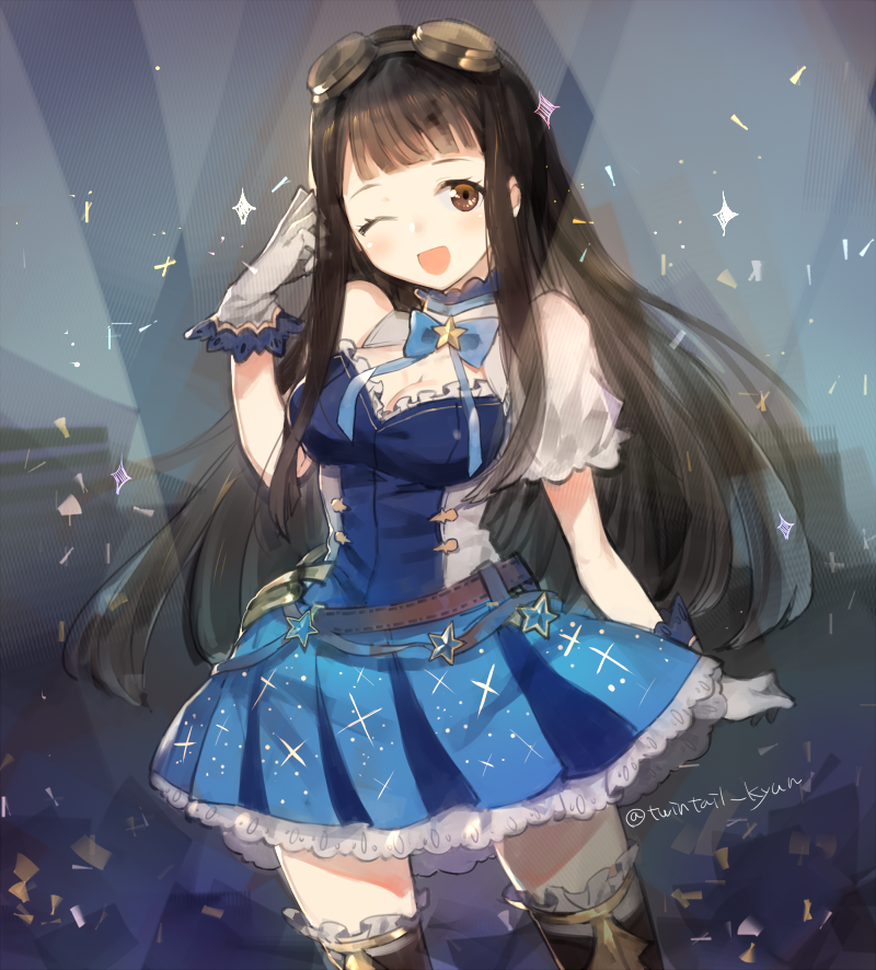 1girl ;d black_hair black_legwear blush breasts brown_eyes cleavage gloves goggles goggles_on_head granblue_fantasy jessica_(granblue_fantasy) long_hair looking_at_viewer one_eye_closed open_mouth signature smile solo thigh-highs twintail_kyun_(lian) twitter_username white_gloves
