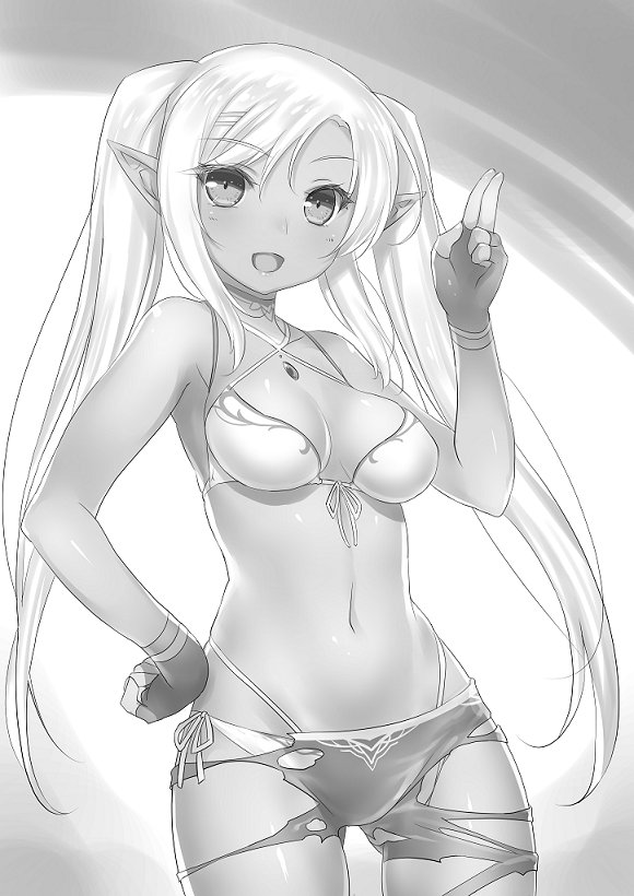 1girl 47agdragon :d bangs bikini bikini_under_clothes breasts choker cleavage copyright_request cowboy_shot criss-cross_halter dark_skin elf fingerless_gloves front-tie_bikini front-tie_top gloves gluteal_fold greyscale hair_ornament hairclip halterneck hand_on_hip jewelry long_hair medium_breasts monochrome multi-strapped_bikini navel open_mouth pants pendant pointy_ears shorts side-tie_bikini smile solo swept_bangs swimsuit torn_clothes torn_pants twintails very_long_hair