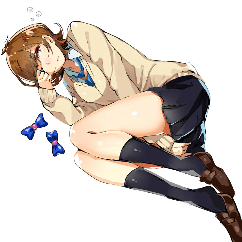 1girl bangs between_legs black_skirt blazer blue_necktie blush bow bow_removed brown_hair full_body hand_between_legs jacket kneehighs loafers long_sleeves looking_at_viewer lying necktie one_eye_closed q_(a72pgc) rubbing_eyes school_uniform shoes short_hair simple_background skirt sleepy solo swept_bangs white_background yu-gi-oh! yuu-gi-ou_vrains zaizen_aoi