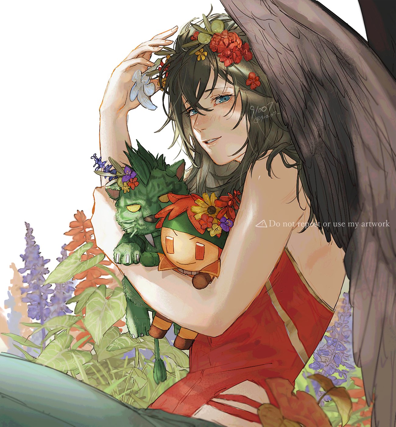 1girl 91007 artist_name bare_arms bare_shoulders bird_wings black_hair black_wings blue_eyes character_doll commentary crossed_bangs doll feathered_wings fire_emblem fire_emblem:_path_of_radiance fire_emblem:_radiant_dawn flower hair_between_eyes hair_flower hair_ornament hand_up highres holding holding_doll leaf long_hair looking_at_viewer messy_hair muarim_(fire_emblem) parted_lips plant purple_flower red_flower red_shirt shirt simple_background smile solo symbol-only_commentary tormod_(fire_emblem) twitter_username vika_(fire_emblem) white_background white_flower wings yellow_flower