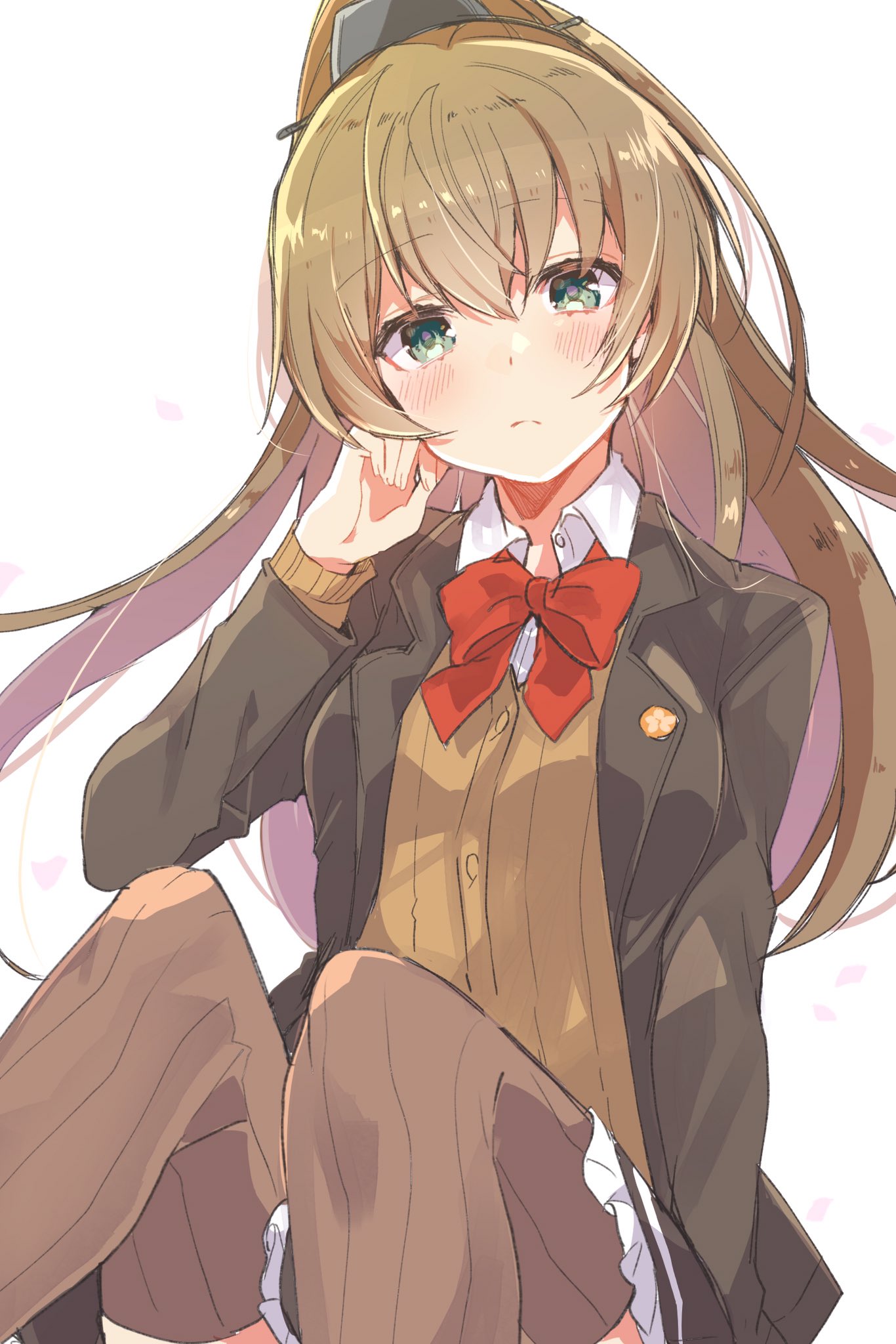 1girl bow bowtie brown_hair brown_legwear brown_skirt cardigan flush frown green_eyes hand_on_own_cheek high_ponytail highres kantai_collection kumano_(kantai_collection) long_hair long_sleeves petals ponytail remodel_(kantai_collection) ribbon simple_background skirt solo takeshima_(nia) white_background