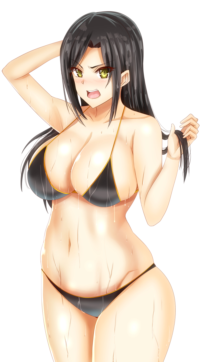 1girl bikini black_bikini black_hair blush breasts cleavage embarrassed hand_on_own_head highres holding holding_hair idolmaster idolmaster_cinderella_girls large_breasts long_hair mukai_takumi open_mouth solo swimsuit thick_thighs thighs wet white_background yamada_naoko_(hideko1227) yellow_eyes