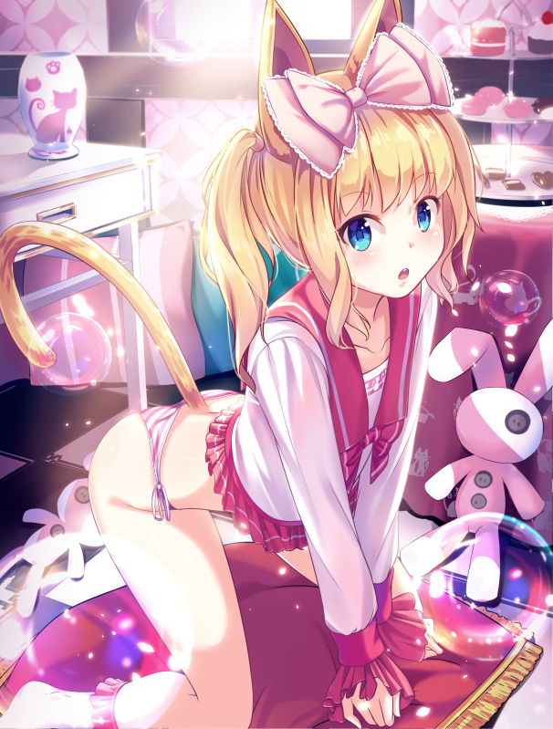 1girl :o all_fours animal_ears animal_print ass backlighting bangs blonde_hair blouse blue_eyes blush bow bubble cake_stand cat_ears cat_print cat_tail day eyebrows_visible_through_hair hair_bow indoors long_hair long_sleeves looking_at_viewer no_pants open_mouth original panties pastry pink_bow school_uniform serafuku side-tie_panties sidelocks solo striped striped_panties stuffed_animal stuffed_bunny stuffed_toy sunlight tail teeth thighs twintails underwear wavy_hair white_blouse yan_(nicknikg)