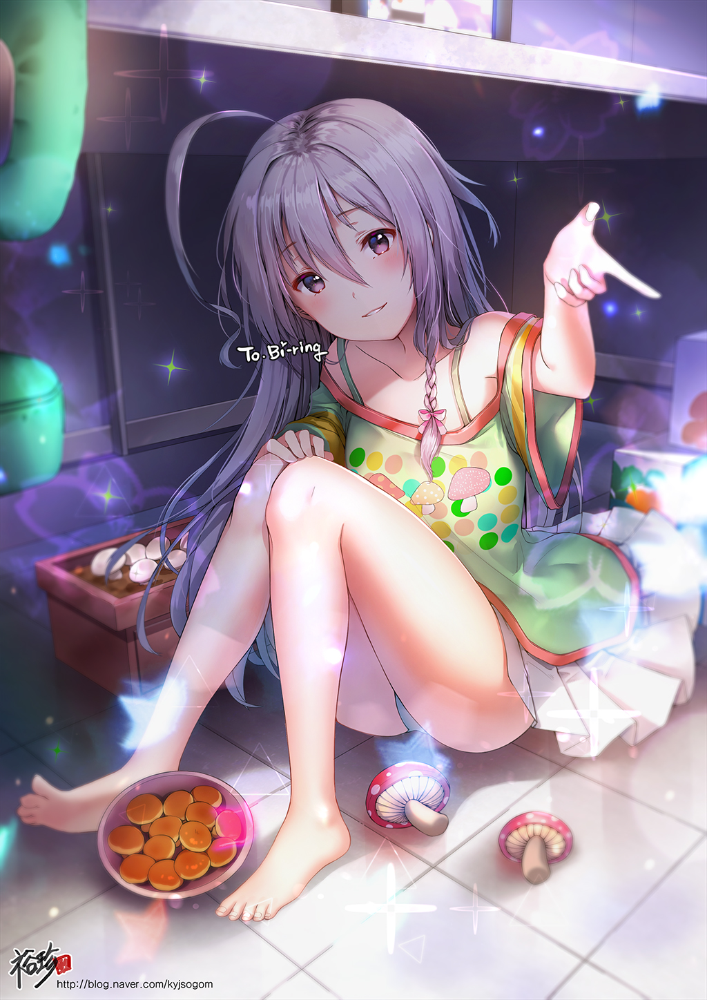 1girl ahoge barefoot blush bowl eyebrows_visible_through_hair feet highres hoshi_shouko idolmaster idolmaster_cinderella_girls kyjsogom long_hair looking_at_viewer mushroom open_mouth silver_hair sitting smile solo teeth under_table violet_eyes